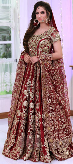 Red and Maroon color Lehenga in Velvet fabric with Embroidered, Resham, Thread, Zari work