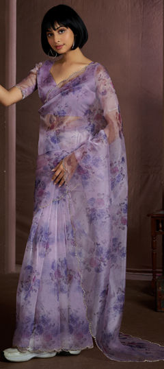 Purple and Violet color Saree in Organza Silk fabric with Floral, Printed, Zircon work