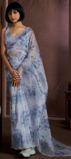 Blue color Saree in Organza Silk fabric with Floral, Printed, Zircon work