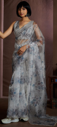 Black and Grey color Saree in Organza Silk fabric with Floral, Printed, Zircon work