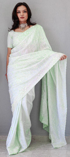 Green color Saree in Art Silk fabric with Sequence, Thread work