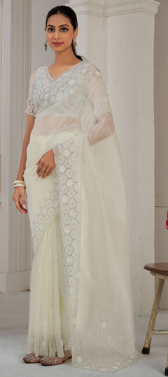 White and Off White color Saree in Organza Silk fabric with Sequence, Zircon work