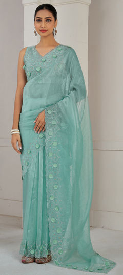 Green color Saree in Organza Silk fabric with Sequence, Zircon work