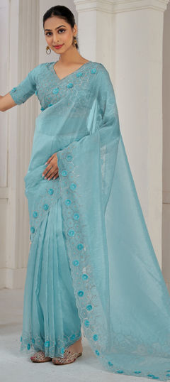 Blue color Saree in Organza Silk fabric with Sequence, Zircon work