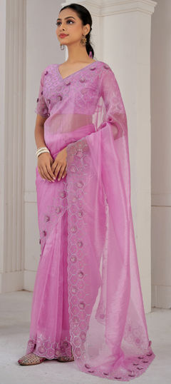 Pink and Majenta color Saree in Organza Silk fabric with Sequence, Zircon work