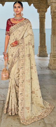 Beige and Brown color Saree in Banarasi Silk fabric with Embroidered, Zari, Zircon work