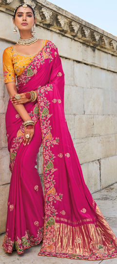 Pink and Majenta color Saree in Satin Silk fabric with Cut Dana, Embroidered, Moti, Thread, Zari, Zircon work