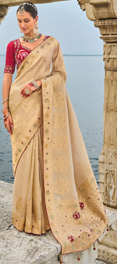 Beige and Brown color Readymade Saree in Kanjeevaram Silk fabric with Cut Dana, Moti, Zardozi, Zircon work