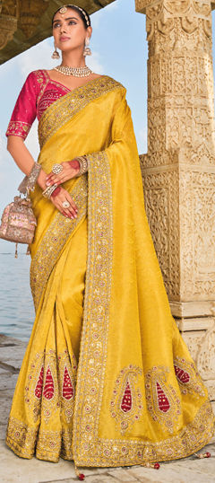 Yellow color Readymade Saree in Crepe Silk, Jacquard fabric with Cut Dana, Embroidered, Mirror, Moti, Zardozi, Zari work