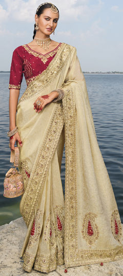 Beige and Brown color Readymade Saree in Crepe Silk, Jacquard fabric with Cut Dana, Embroidered, Moti, Thread, Zari work