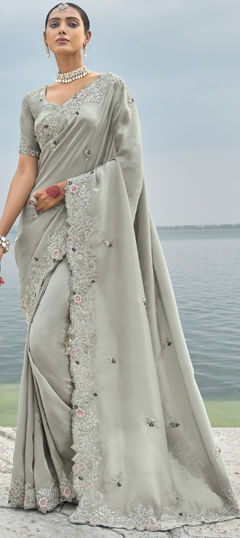 Black and Grey color Saree in Banarasi Silk fabric with Cut Dana, Embroidered, Moti, Thread, Zari work