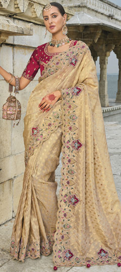 Beige and Brown color Saree in Kanjeevaram Silk fabric with Cut Dana, Embroidered, Mirror, Moti, Thread, Zari work