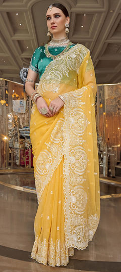 Yellow color Saree in Tissue fabric with Embroidered, Sequence, Thread work