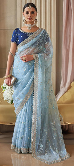 Blue color Saree in Tissue fabric with Embroidered, Sequence, Thread work