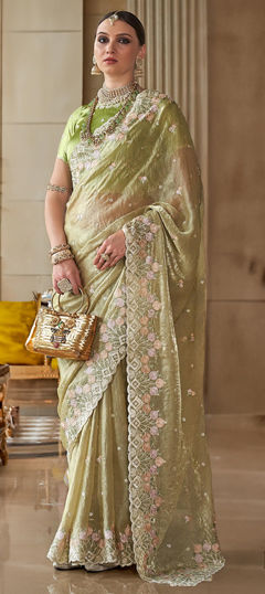 Green color Saree in Tissue fabric with Embroidered, Sequence, Thread work