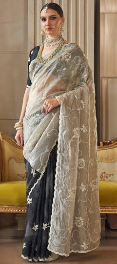 Black and Grey, White and Off White color Saree in Tissue fabric with Embroidered, Sequence, Thread work