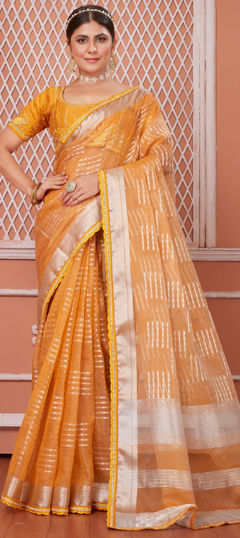 Yellow color Saree in Organza Silk fabric with Border work