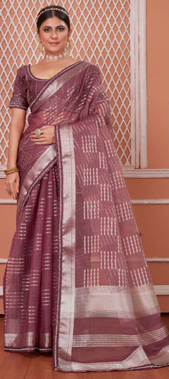 Red and Maroon color Saree in Organza Silk fabric with Border work