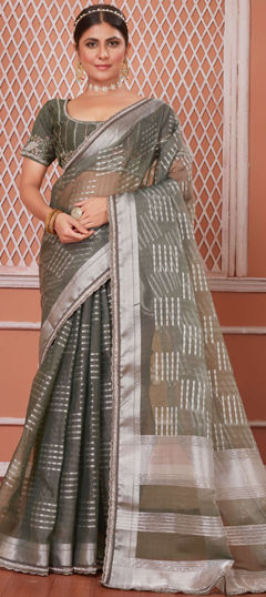 Green color Saree in Organza Silk fabric with Border work