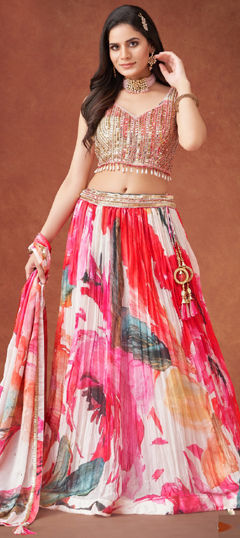 Multicolor color Ready to Wear Lehenga in Georgette fabric with Floral, Printed, Sequence, Thread work