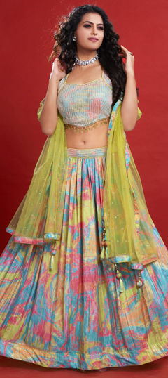 Multicolor color Ready to Wear Lehenga in Silk fabric with Bugle Beads, Cut Dana, Printed, Sequence work