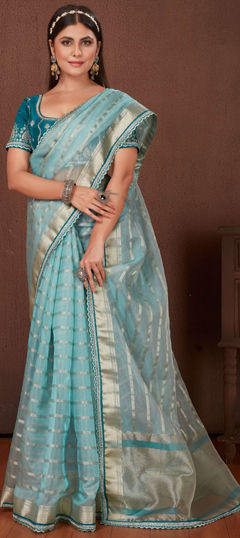 Blue color Saree in Organza Silk fabric with Border work