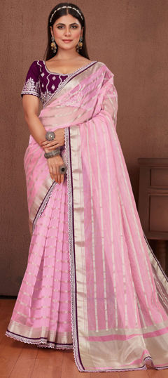 Pink and Majenta color Saree in Organza Silk fabric with Border work
