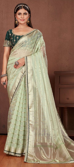 Green color Saree in Organza Silk fabric with Border work