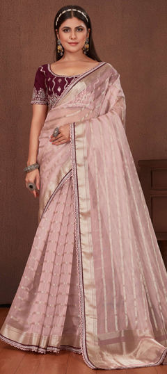 Pink and Majenta color Saree in Organza Silk fabric with Border work