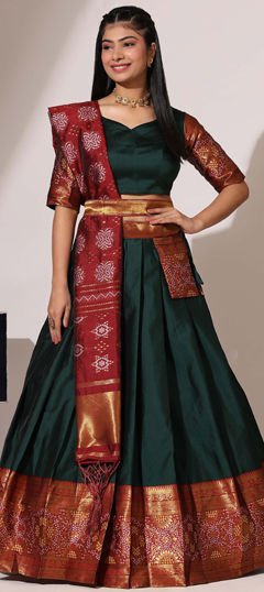 Green color Lehenga in Silk fabric with Weaving work