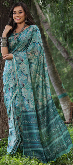 Blue color Saree in Tussar Silk fabric with Printed work