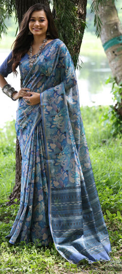 Blue color Saree in Tussar Silk fabric with Printed work