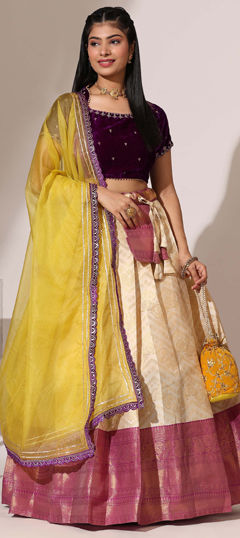Beige and Brown color Lehenga in Silk fabric with Weaving work