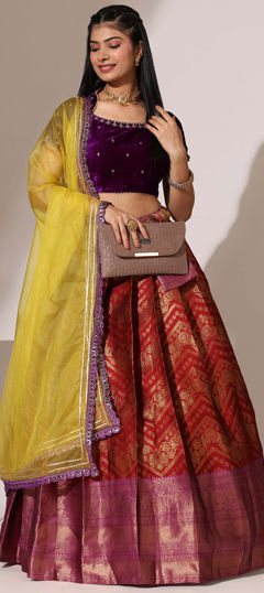 Red and Maroon color Lehenga in Silk fabric with Weaving work
