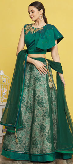 Green color Ready to Wear Lehenga in Jacquard fabric with Cut Dana, Embroidered, Zari work