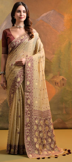 Beige and Brown color Saree in Cotton fabric with Weaving work