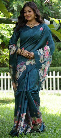 Blue color Saree in Tussar Silk fabric with Floral, Printed work