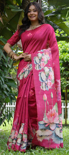 Pink and Majenta color Saree in Tussar Silk fabric with Floral, Printed work