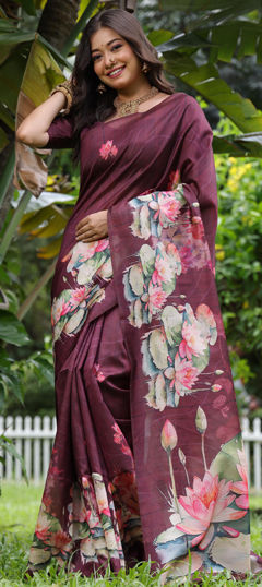 Red and Maroon color Saree in Tussar Silk fabric with Floral, Printed work