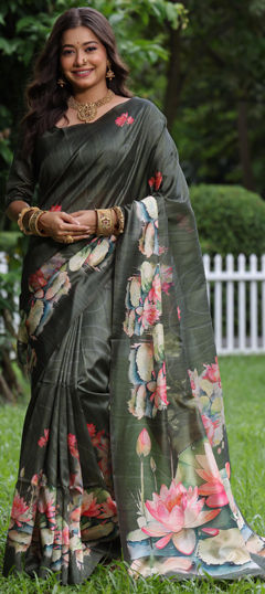 Green color Saree in Tussar Silk fabric with Floral, Printed work