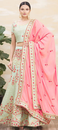 Green color Lehenga in Silk fabric with Embroidered, Thread, Zari work