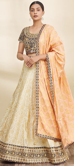 Beige and Brown color Lehenga in Jacquard fabric with Embroidered, Zari work