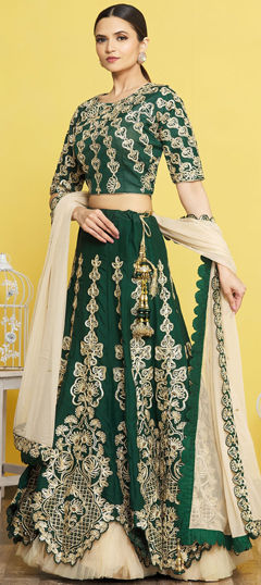 Green color Lehenga in Satin Silk fabric with Embroidered work