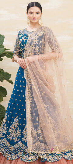 Blue color Lehenga in Satin Silk fabric with Embroidered, Sequence work