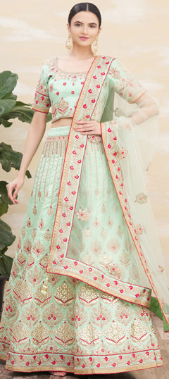 Green color Lehenga in Silk fabric with Embroidered, Zari work