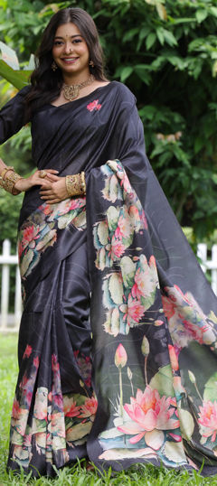 Black and Grey color Saree in Tussar Silk fabric with Floral, Printed work