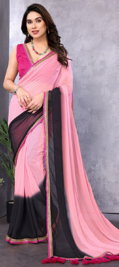 Pink and Majenta color Saree in Faux Georgette fabric with Lace, Sequence work