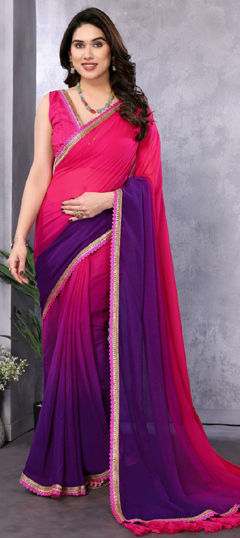 Pink and Majenta color Saree in Faux Georgette fabric with Lace, Sequence work