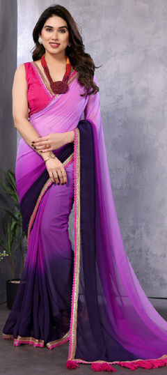 Purple and Violet color Saree in Faux Georgette fabric with Lace, Sequence work