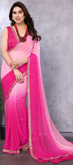 Pink and Majenta color Saree in Faux Georgette fabric with Lace, Sequence work